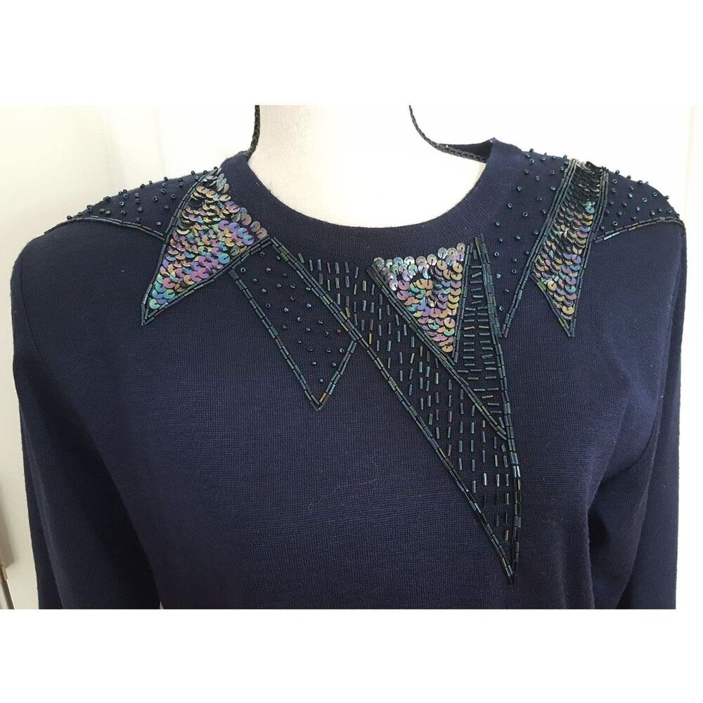 Liz Claiborne Vtg. Knit Sweater‎ Navy Sequin Pullover Geometric 90s Sm, Y2k Glam - Picture 2 of 9